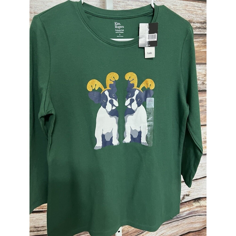 KIM ROGERS NWT Women's Christmas Boston Terrier With Antlers Top Green Small - Picture 3 of 9